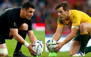 (FILE PHOTO - Image Numbers 494051830 (L) and 492162652) In this composite image a comparison has been made between fly halfs Dan Carter of New Zealand (L) and Bernard Foley of Australia. New Zealand and Australia meet in the Rugby World Cup 2015 Final at Twickenham Stadium on October 31, 2015 in Twickenham,England. ***LEFT IMAGE*** LONDON, ENGLAND - OCTOBER 24: Dan Carter of the New Zealand All Blacks lines up a kick during the 2015 Rugby World Cup Semi Final match between South Africa and New Zealand at Twickenham Stadium on October 24, 2015 in London, United Kingdom. (Photo by Laurence Griffiths/Getty Images) ***RIGHT IMAGE*** LONDON, ENGLAND - OCTOBER 10: Bernard Foley of Australia lines up a kick during the 2015 Rugby World Cup Pool A match between Australia and Wales at Twickenham Stadium on October 10, 2015 in London, United Kingdom. (Photo by Paul Gilham/Getty Images)